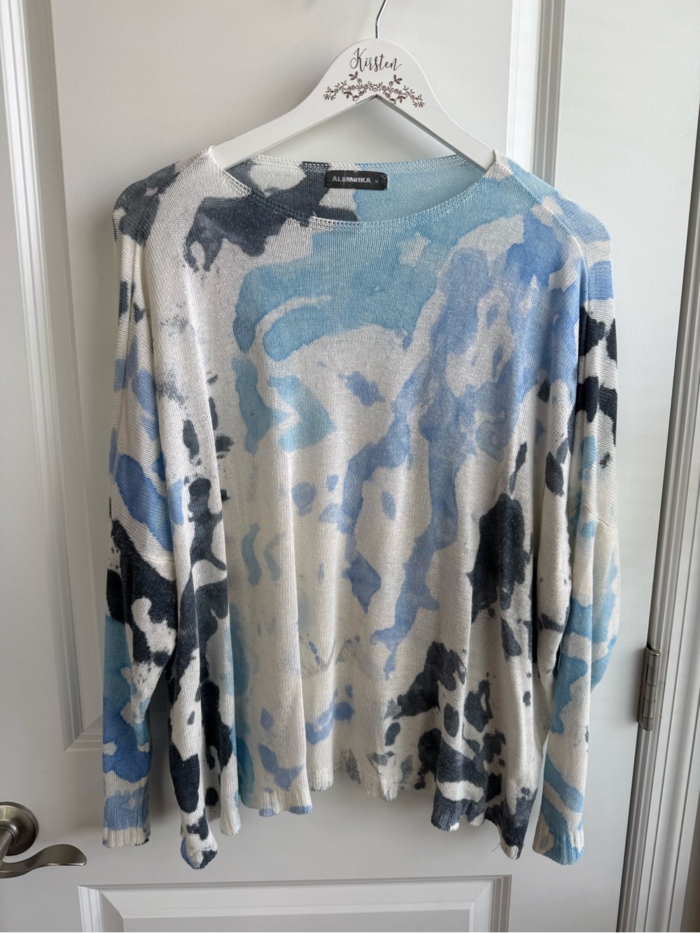 Alembika Watercolor Boxy Sweater Nautical Linen Blend Lagenlook Oversized Medium